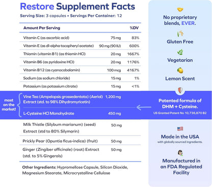 Cheers Restore | Supplement with DHM + L-Cysteine | Feel Better After Drinking & Support Your Liver | 12 Doses | Dihydromyricetin, Cysteine, Prickly Pear, B-Vitamins, Ginger